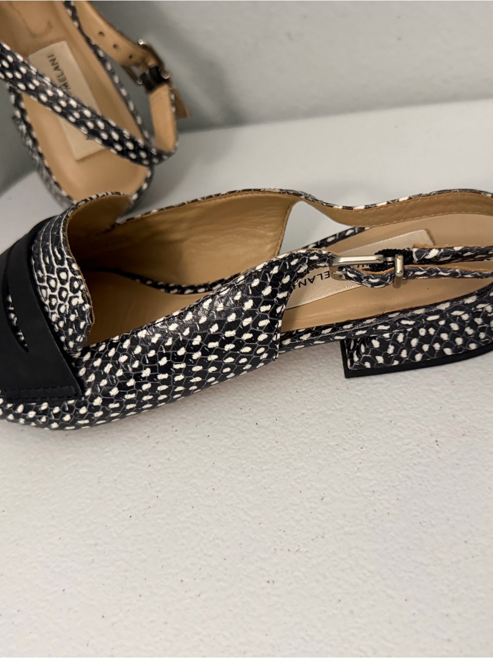 ANTONIO MELANI Black and White Textured Slingback Loafers